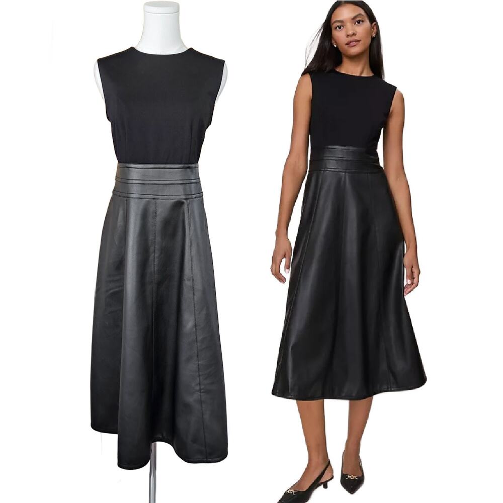 ANN TAYLOR Black Faux Leather Mixed Media Flare Midi Dress Petite 6 Minimalist